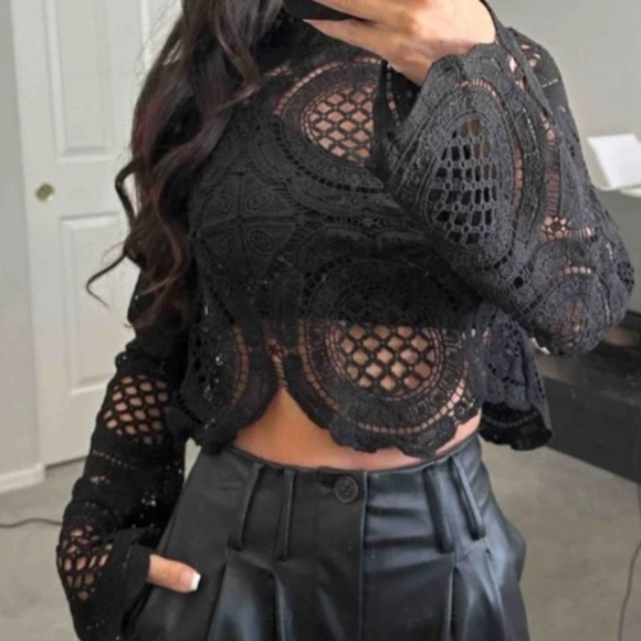 Luxe Sheer Mock neck Flared Long Sleeve Lace Blouse - Picture 2 of 10